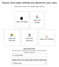 Screenshot of the login settings wizard, showing the settings to manage which login methods are allowed for account users. The options include Login with Apple, Login with Google, Login with Microsoft, Email and Password, and Login with Passkeys.