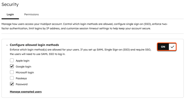 The Security Login tab showing the expanded “Configure allowed login methods” section, with the setting turned ON. The available login methods include Apple login, Google login, Microsoft login, Passkeys, and Password.