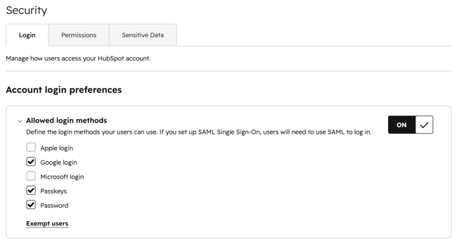 The Security Login tab showing the expanded “Allowed login methods” section, with the setting turned ON. The available login methods include Apple login, Google login, Microsoft login, Passkeys, and Password.
