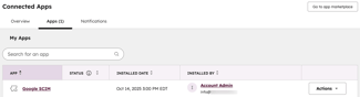 Connected Apps settings with the Apps tab selected, showing the installed Google SCIM app.