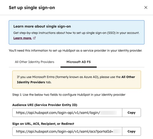 Paramètres d’authentification unique, montrant l’onglet Microsoft AD FS avec des champs pour l’URI d’audience et l’URL d’authentification.