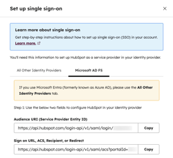 Single sign-on settings, showing the Microsoft AD FS tab with fields for Audience URI and Sign on URL.