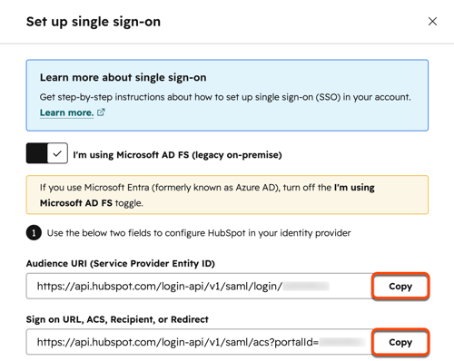 シングルサインオン設定。Microsoft AD FSを使用するオプションが表示されます。