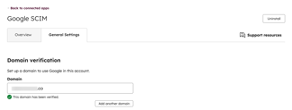 The Google SCIM General Settings tab showing a verified domain.