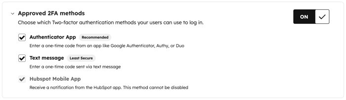 Account 2FA preferences, displaying configuration settings for approved 2FA methods.