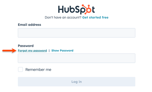 HubSpot login page highlighting the "Forgot my password" link under the password field.