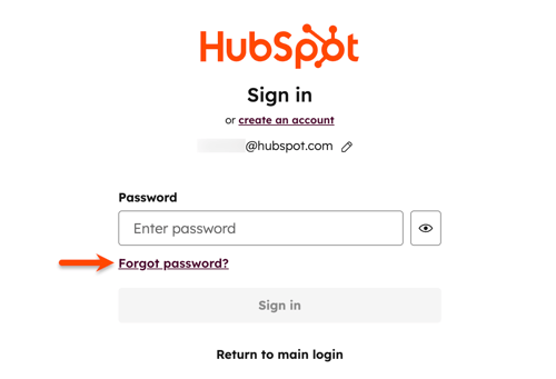 HubSpot login page highlighting the "Forgot password" link under the password field.