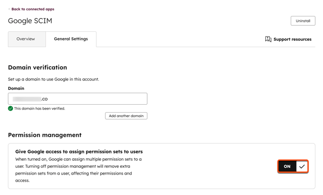 L’onglet Paramètres généraux Google SCIM affichant la section Gestion des autorisations avec l’option « Donner à Google l’accès pour attribuer des ensembles d’autorisations aux utilisateurs » activée.