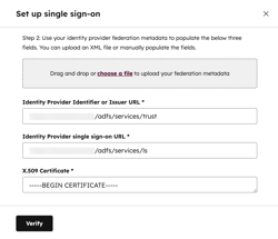 Single sign-on settings, showing the fields for entering identity provider data.