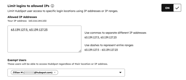 Screenshot of account security settings, displaying the section to limit logins to allowed IP addresses. These settings show the main toggle switch turned ON, an input field for Allowed IP Addresses, and a section for Exempt Users.