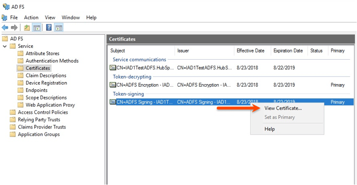 Fenêtre de gestion AD FS avec les certificats sélectionnés dans le menu latéral. Un menu contextuel sur un certificat de signature de jeton affiche l’option Afficher le certificat.
