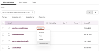 The files tool showing a list of folders, with the Actions dropdown menu highlighted and the option to Manage access visible in the dropdown menu.