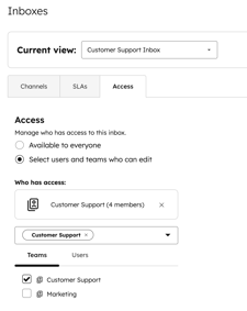 Inbox settings with the Access tab selected, showing the options “Available to everyone” and “Select users and teams who can edit” used to manage inbox access.