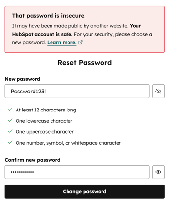 Réinitialiser l’écran du mot de passe affichant une alerte indiquant que le mot de passe n’est pas sécurisé.