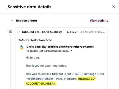 A screenshot showing redacted information on an email.