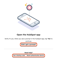 HubSpot login screen showing the mobile 2FA prompt "Open the HubSpot app", highlighting the options for "Didn't get a prompt?", "Use a backup code", and "Reset authentication device".