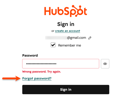 HubSpot-Anmeldeseite mit Hervorhebung des Links "Passwort vergessen" unter dem Passwortfeld.