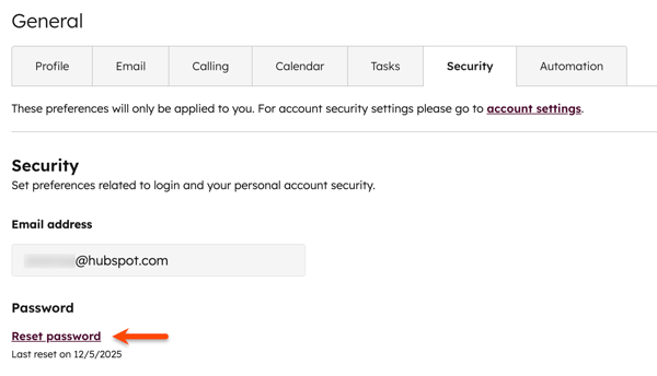 User account security settings, highlighting the option to "Reset password".