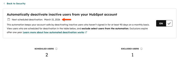 Security settings page displaying automatic deactivation for inactive users, scheduled date, and scheduled and excluded user counts.