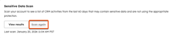Sensitive Data Scan screen with View results and highlighted Scan again button, plus the last scan date and time.