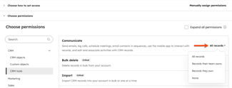 User permission settings, displaying Communicate permissions. The dropdown menu is expanded to show the options for All records, Records their team owns, Records they own, or None.