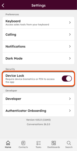 HubSpot mobile app settings, highlighting the Device lock setting with the toggle turned on.
