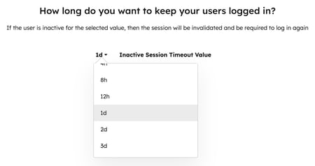 Screenshot of the login settings wizard, showing the settings to manage how long account users should stay logged in. The image shows a dropdown menu to select the number of days for the Inactive Session Timeout Value.