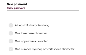 Password creation screen showing requirements for length, lowercase, uppercase, and numeric or symbol characters.