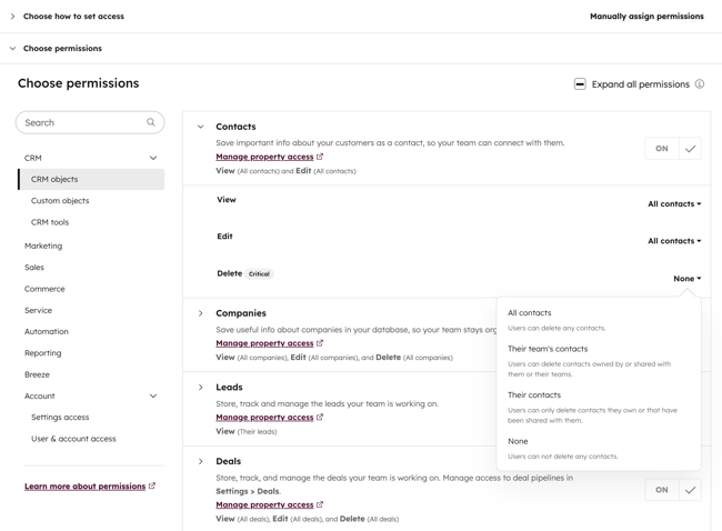 Benutzerberechtigungseinstellungen, die den Zugriff auf CRM-Objekte mit erweiterten Kontaktberechtigungen zum Anpassen der Berechtigungen zum Anzeigen, Bearbeiten und Löschen anzeigen.