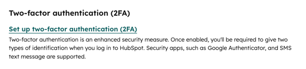 Account security settings, displaying the option to set up two-factor authentication (2FA).