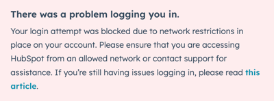 Mensaje de error de inicio de sesión de HubSpot sobre restricciones de red que impiden el acceso a la cuenta.