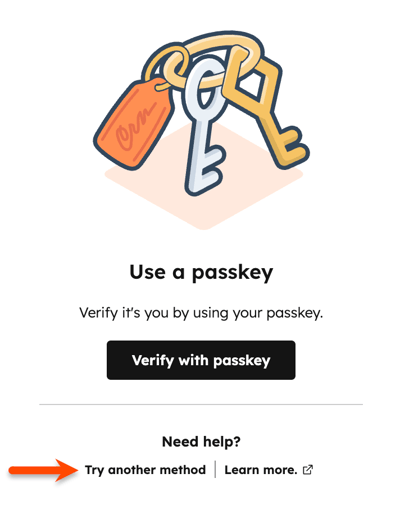 HubSpot login prompt showing passkey verification option and alternative sign-in link to Try another method.