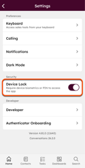 HubSpot mobile app settings, highlighting the Device lock setting with the toggle turned on.