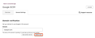 The Google SCIM General Settings tab showing the Domain verification section with a domain entered and the “Verify it now” button highlighted.