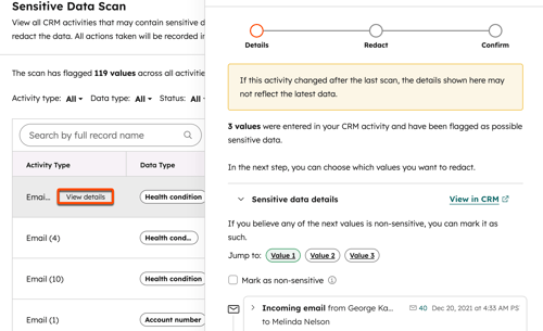 Sensitive Data Scan screen with email activities list, highlighted View details button, and sensitive data details panel.