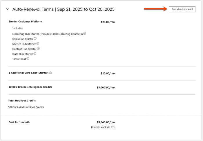 screenshot showing the Cancel auto-renewal button in Account & Billing in HubSpot.