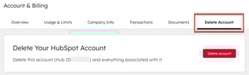Screenshot showing the Delete Account tab in Account & Billing in HubSpot.