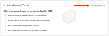 screenshot showing the Turn auto-renewal on button in Account & Billing in HubSpot.