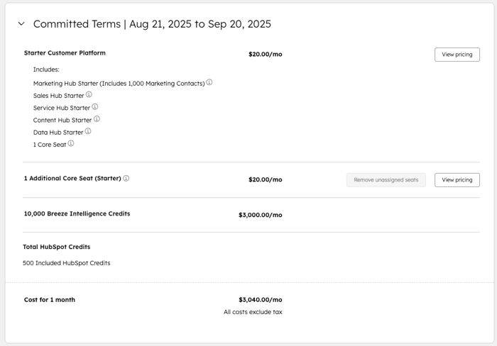 screenshot showing the committed terms section for a HubSpot subscription in Account & Billing.