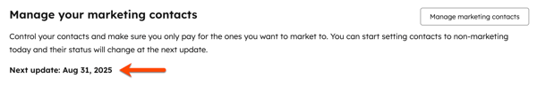 Marketing contact usage and limits, displaying the account update date for marketing contacts.