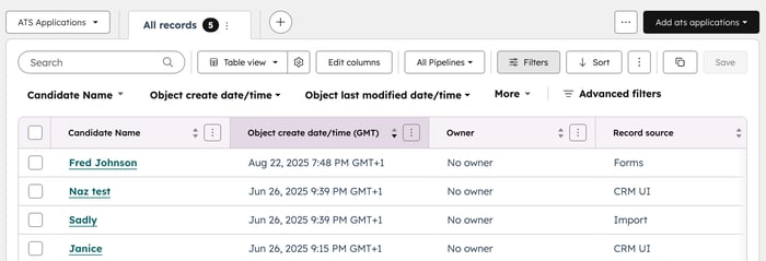 Screenshot showing the index page for an app object in HubSpot.