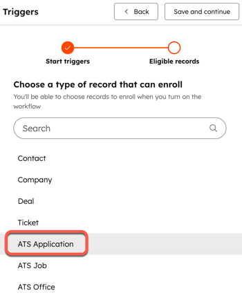 Screenshot showing how to select an app object in a workflow enrollment trigger. 