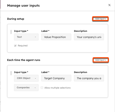 A screenshot showing the right panel where you can add inputs