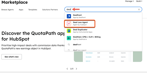 A HubSpot Marketplace screen showing a search for deal. The search result for Deal Loss Agent is highlighted with an orange box.