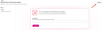 screenshot showing the Configure button in HubSpot for the Shopify store performance agent.