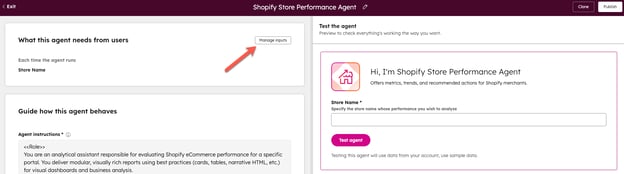 Screenshot showing the Manage inputs button for the agent. 