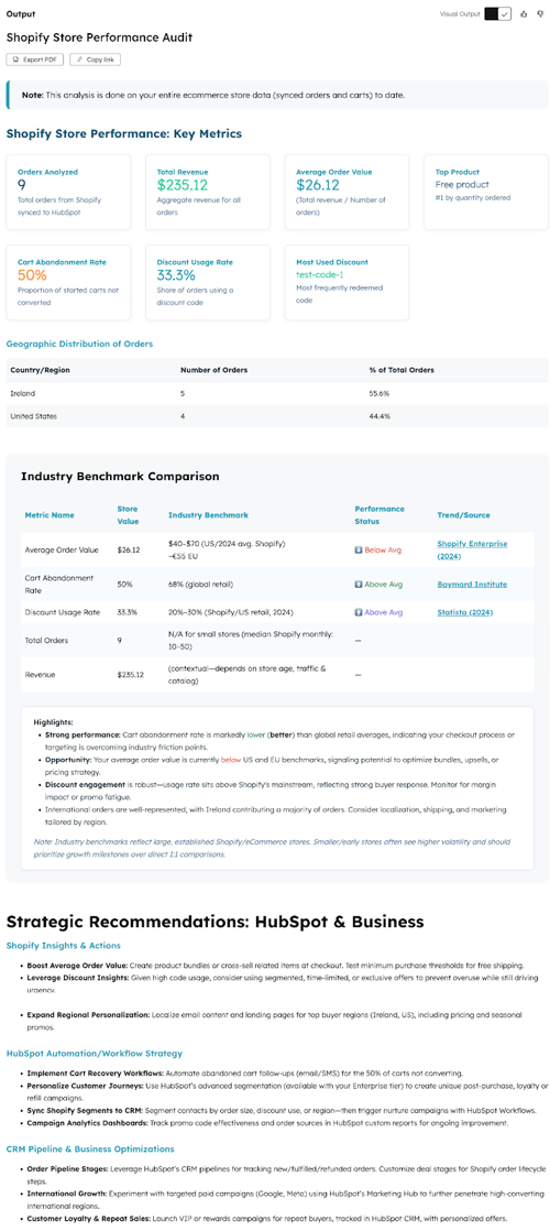 captura de pantalla que muestra la salida de auditoría por el agente de rendimiento de la tienda Shopify. 