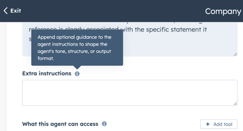 screenshot showing the Extra instructions text field to enter MCP prompts for your agent.