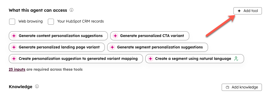 screenshot showing the Add tool button in the What this agent can access section in Breeze Studio.