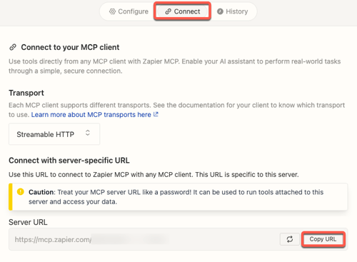 Screenshot der Registerkarte "Verknüpfen" in Zapier zum Kopieren der Server-URL. 